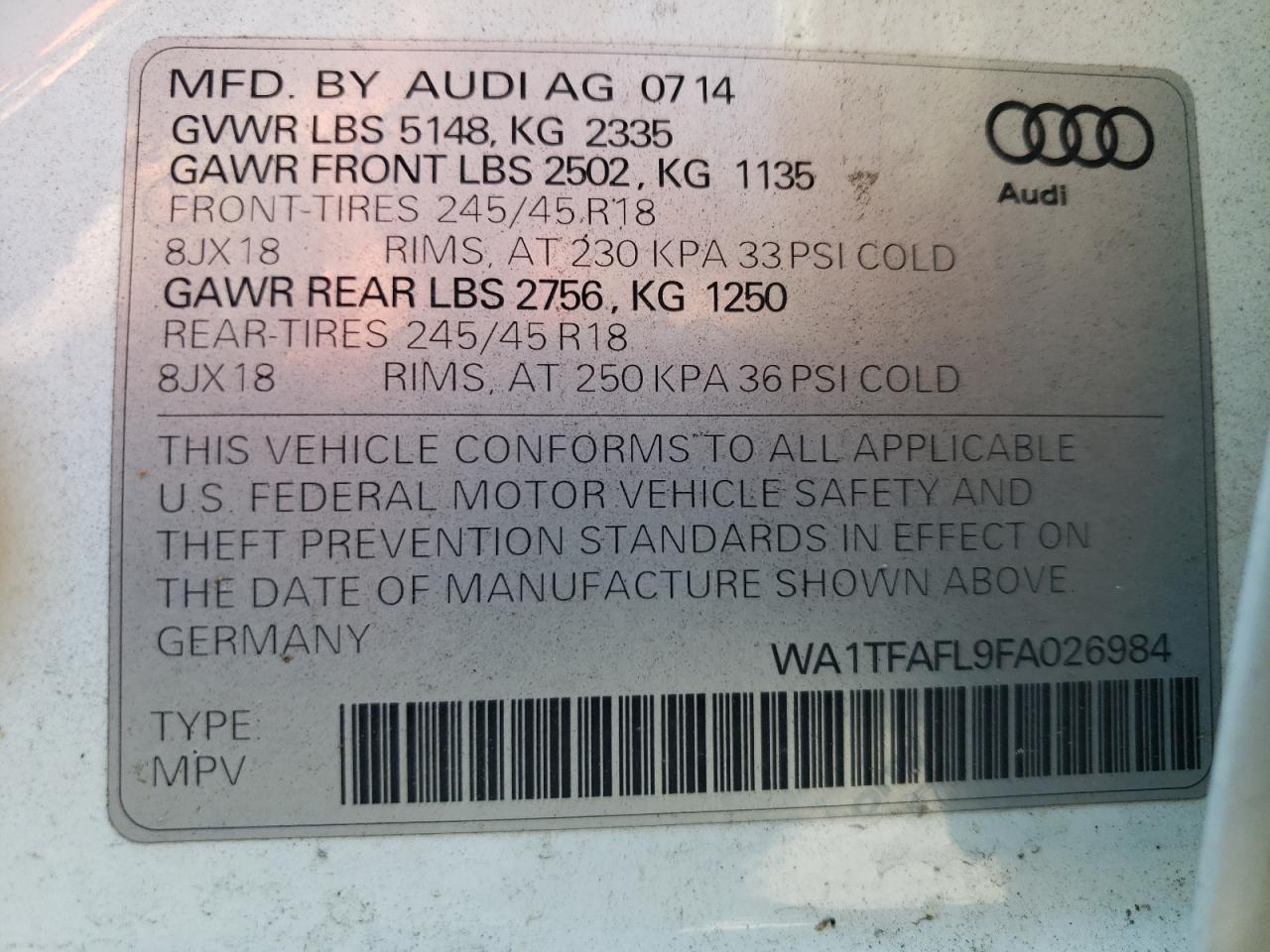2015 Audi A4 Allroad Premium VIN: WA1TFAFL9FA026984 Lot: 64296425