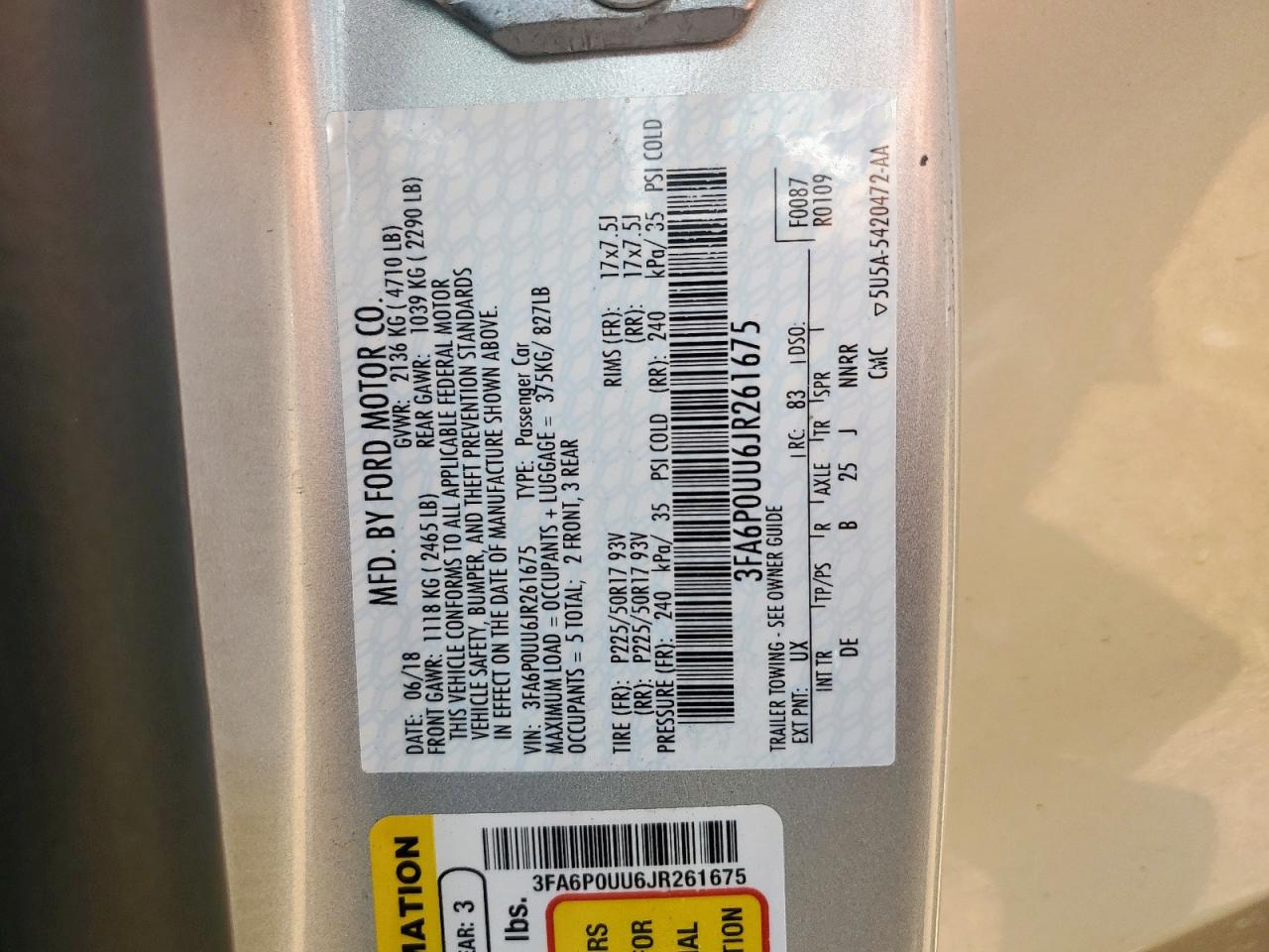 2018 Ford Fusion S Hybrid VIN: 3FA6P0UU6JR261675 Lot: 65012545