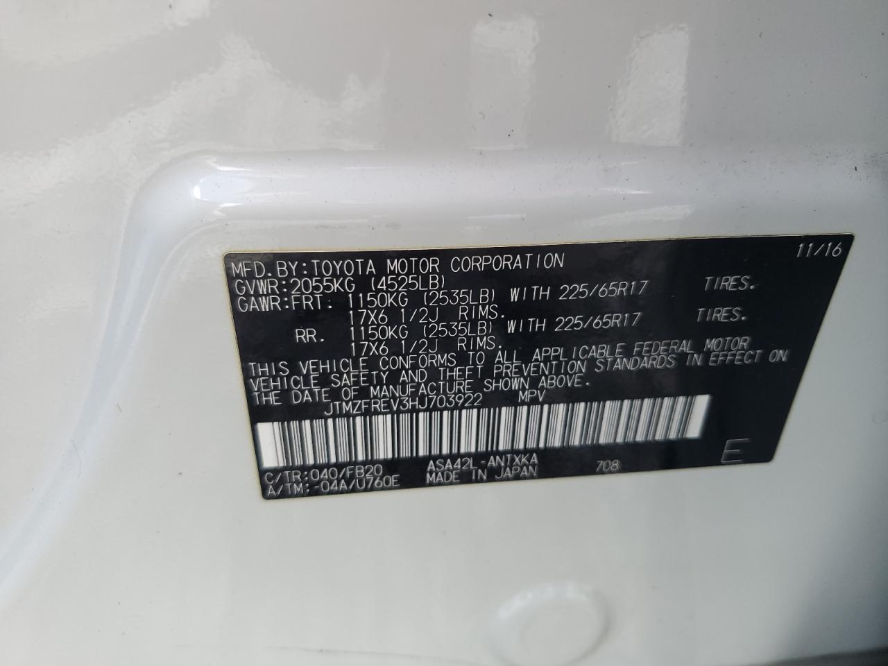 2017 Toyota Rav4 Le VIN: JTMZFREV3HJ703922 Lot: 65022165