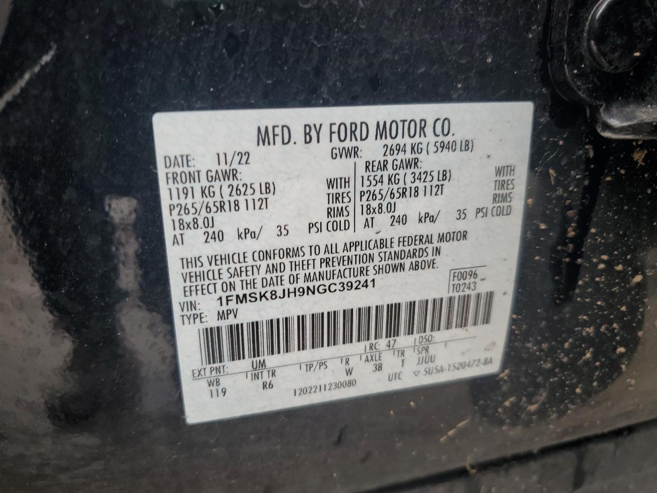 2022 Ford Explorer Timberline VIN: 1FMSK8JH9NGC39241 Lot: 66120895