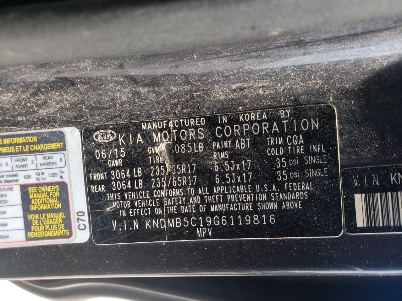 2016 Kia Sedona Lx VIN: KNDMB5C19G6119816 Lot: 64370635