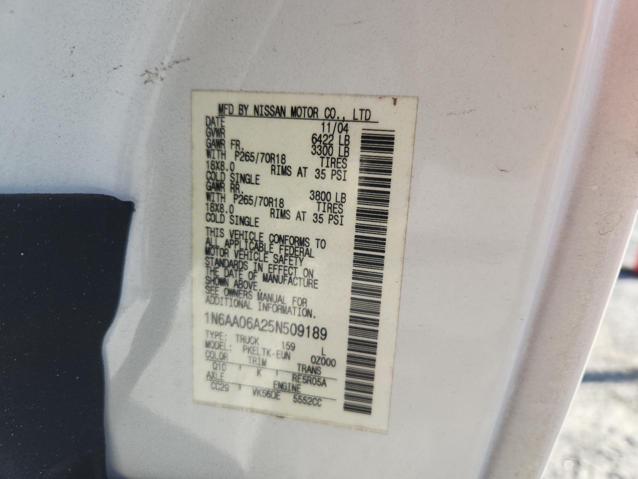 2005 Nissan Titan Xe VIN: 1N6AA06A25N509189 Lot: 64459845