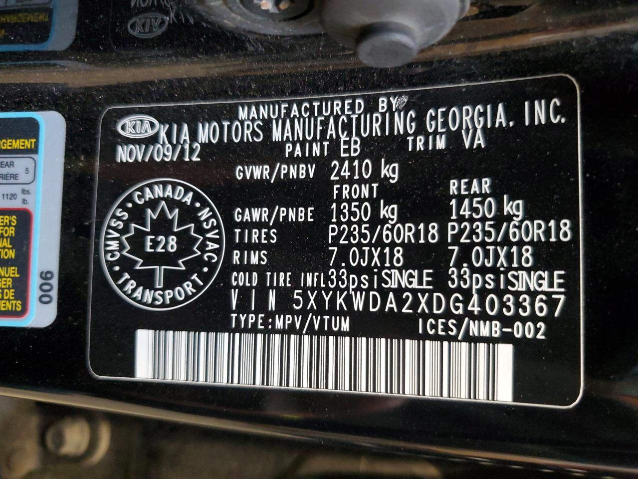 2013 Kia Sorento Sx VIN: 5XYKWDA2XDG403367 Lot: 65962665