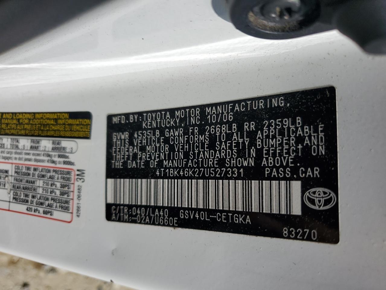 2007 Toyota Camry Le VIN: 4T1BK46K27U527331 Lot: 64962725