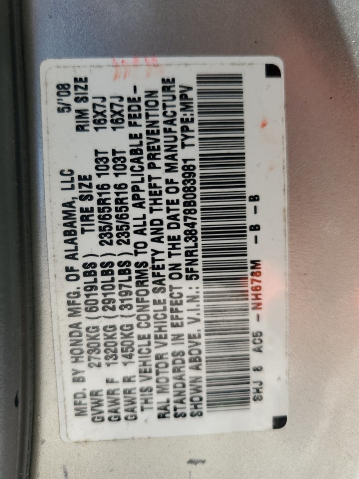 2008 Honda Odyssey Ex VIN: 5FNRL38478B083981 Lot: 64077335