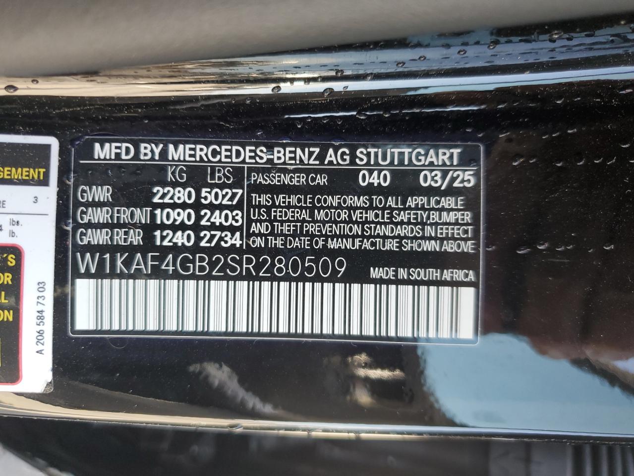 2025 Mercedes-Benz C 300 VIN: W1KAF4GB2SR280509 Lot: 64633385