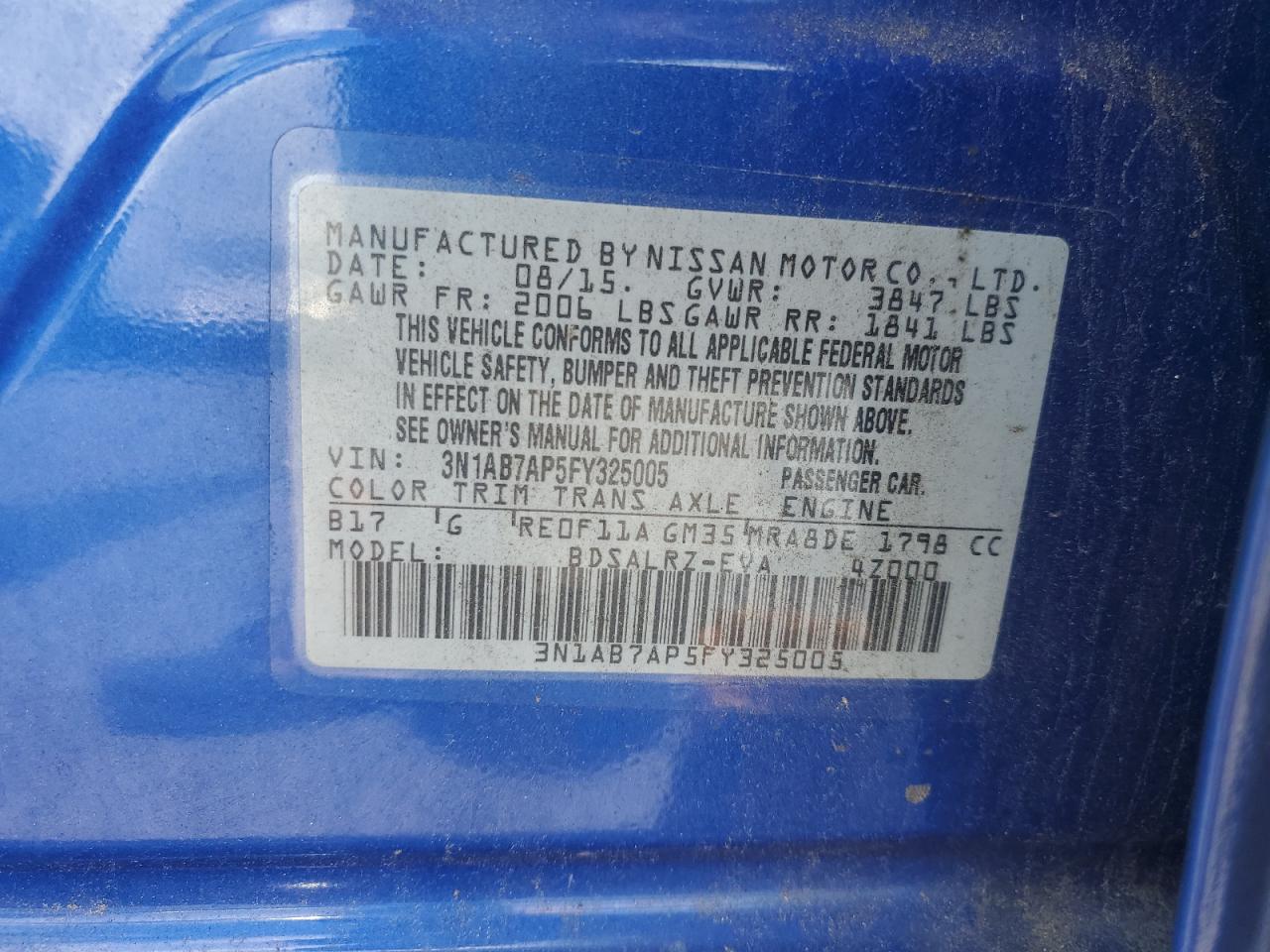 2015 Nissan Sentra S VIN: 3N1AB7AP5FY325005 Lot: 65078475