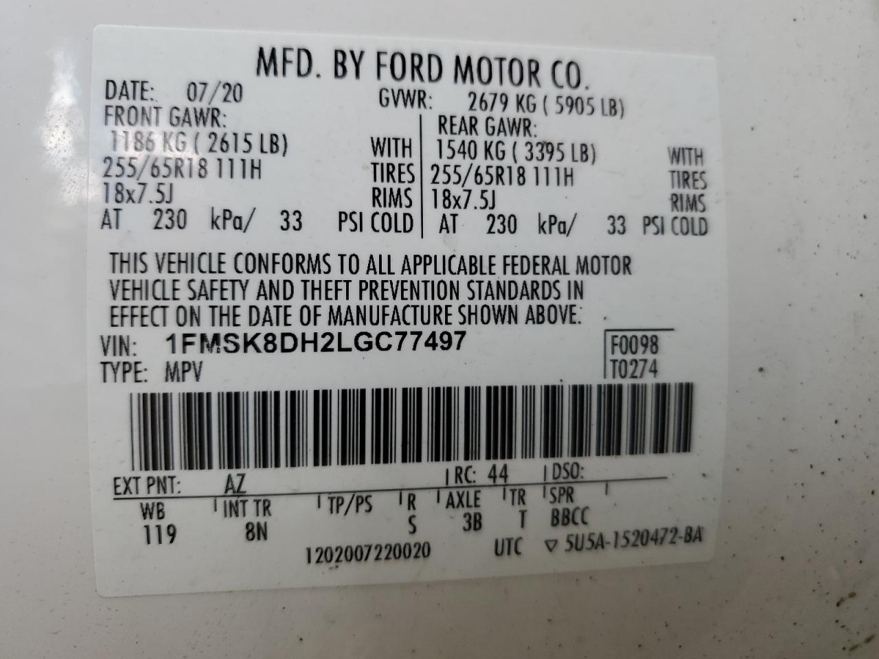 2020 Ford Explorer Xlt VIN: 1FMSK8DH2LGC77497 Lot: 65350215