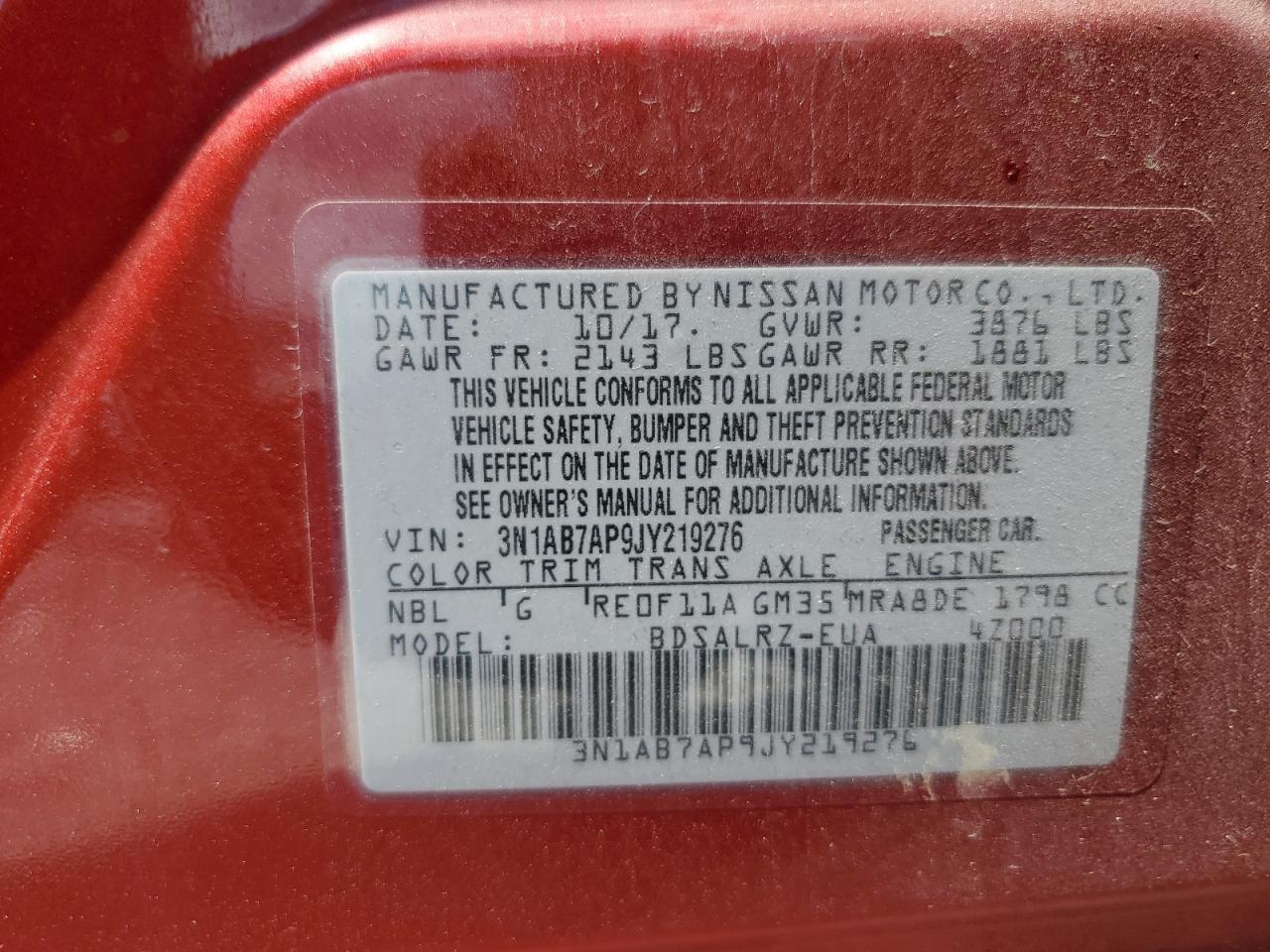 2018 Nissan Sentra S VIN: 3N1AB7AP9JY219276 Lot: 64203995