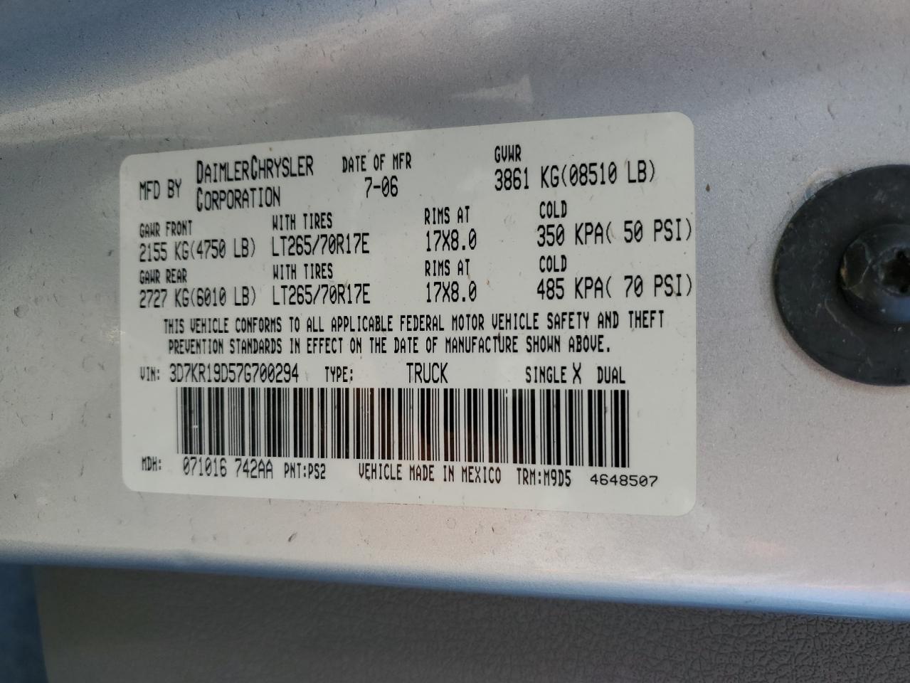 2007 Dodge Ram 1500 VIN: 3D7KR19D57G700294 Lot: 63056955