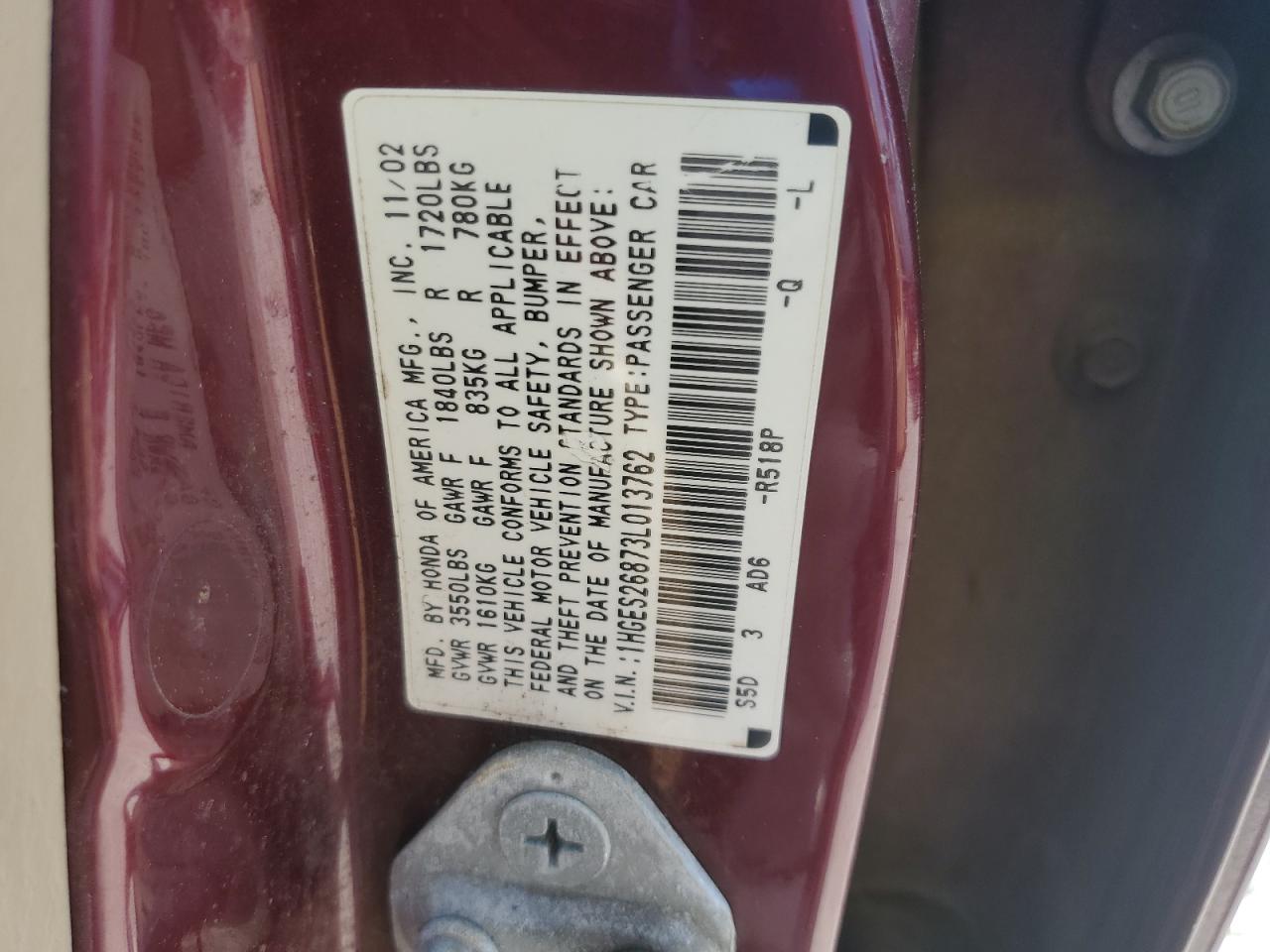2003 Honda Civic Ex VIN: 1HGES26873L013762 Lot: 62723795