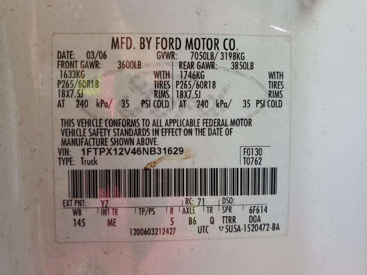 2006 Ford F150 VIN: 1FTPX12V46NB31629 Lot: 66341335