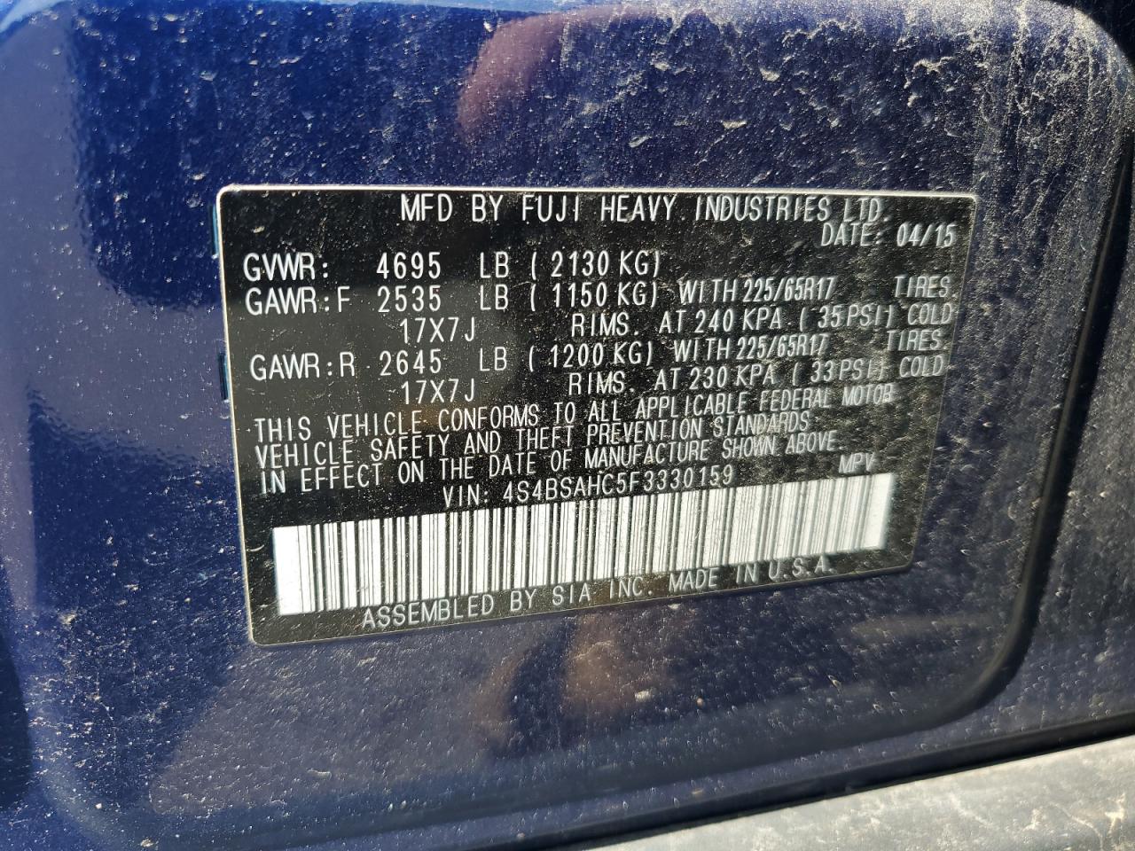 2015 Subaru Outback 2.5I Premium VIN: 4S4BSAHC5F3330159 Lot: 63049265