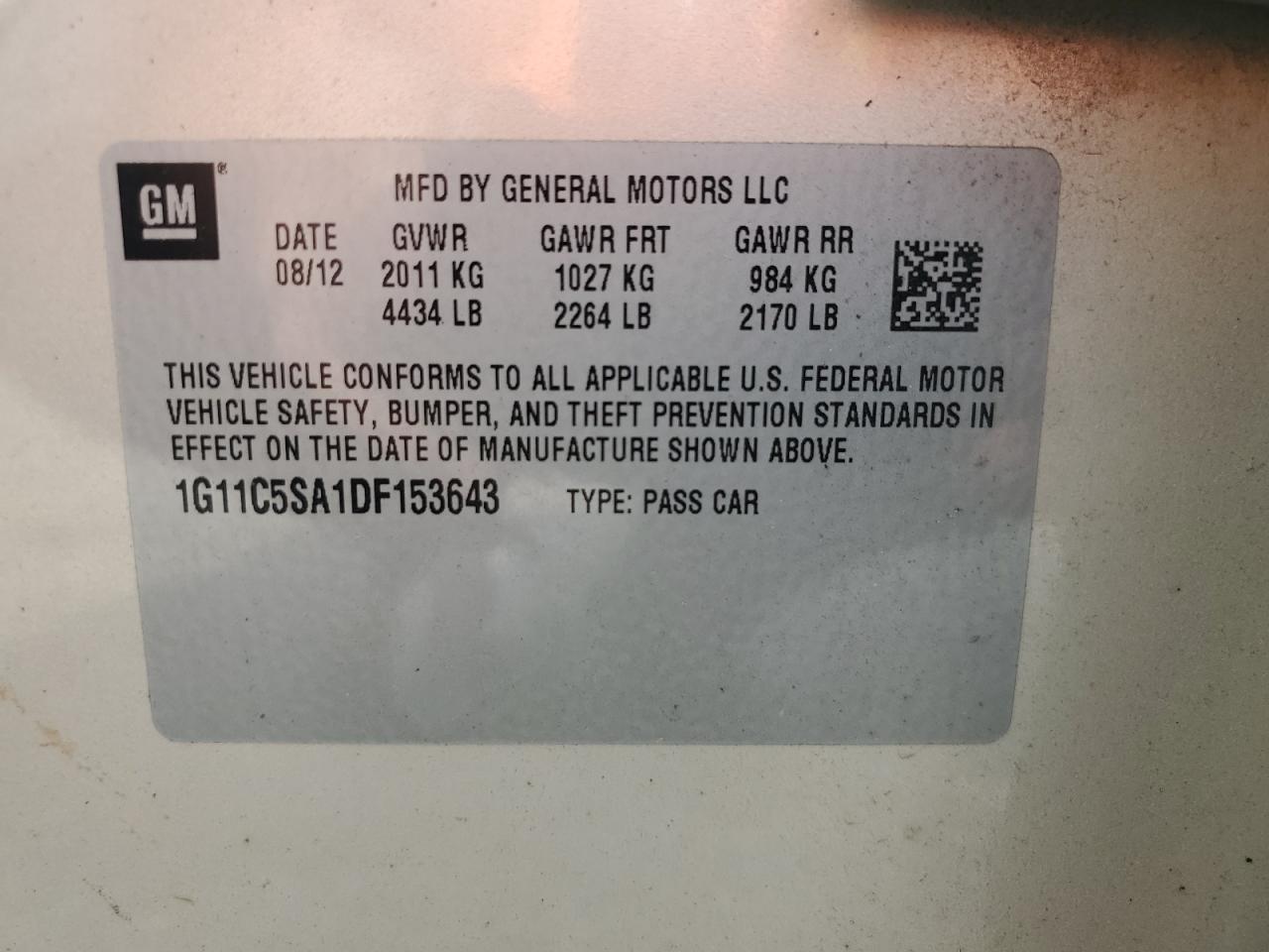 2013 Chevrolet Malibu 1Lt VIN: 1G11C5SA1DF153643 Lot: 64082845