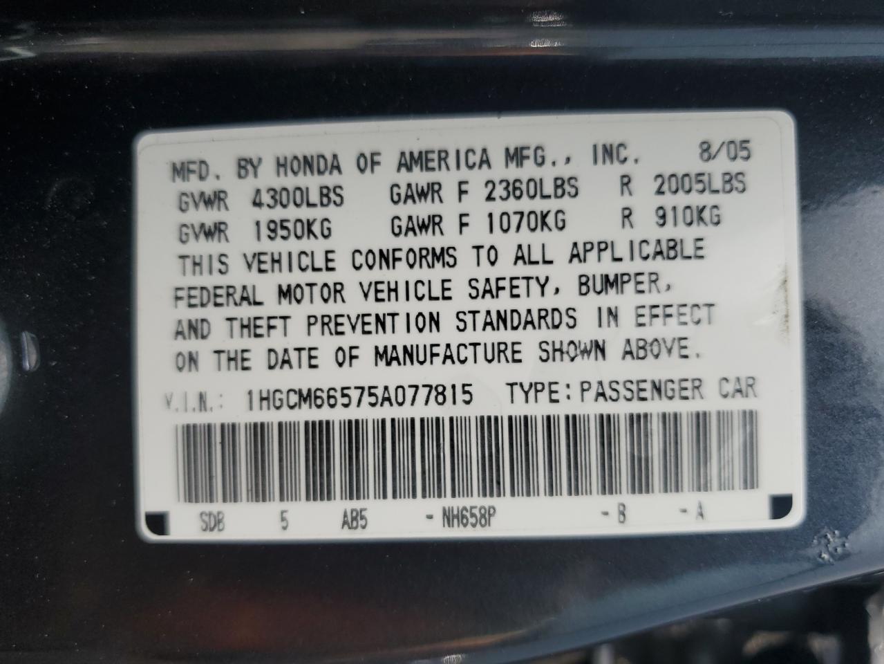 2005 Honda Accord Ex VIN: 1HGCM66575A077815 Lot: 65067505