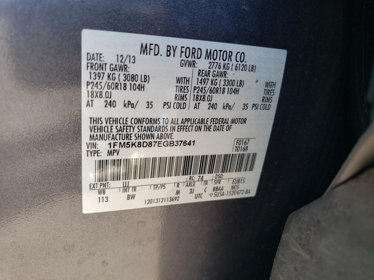2014 Ford Explorer Xlt VIN: 1FM5K8D87EGB37641 Lot: 62519725