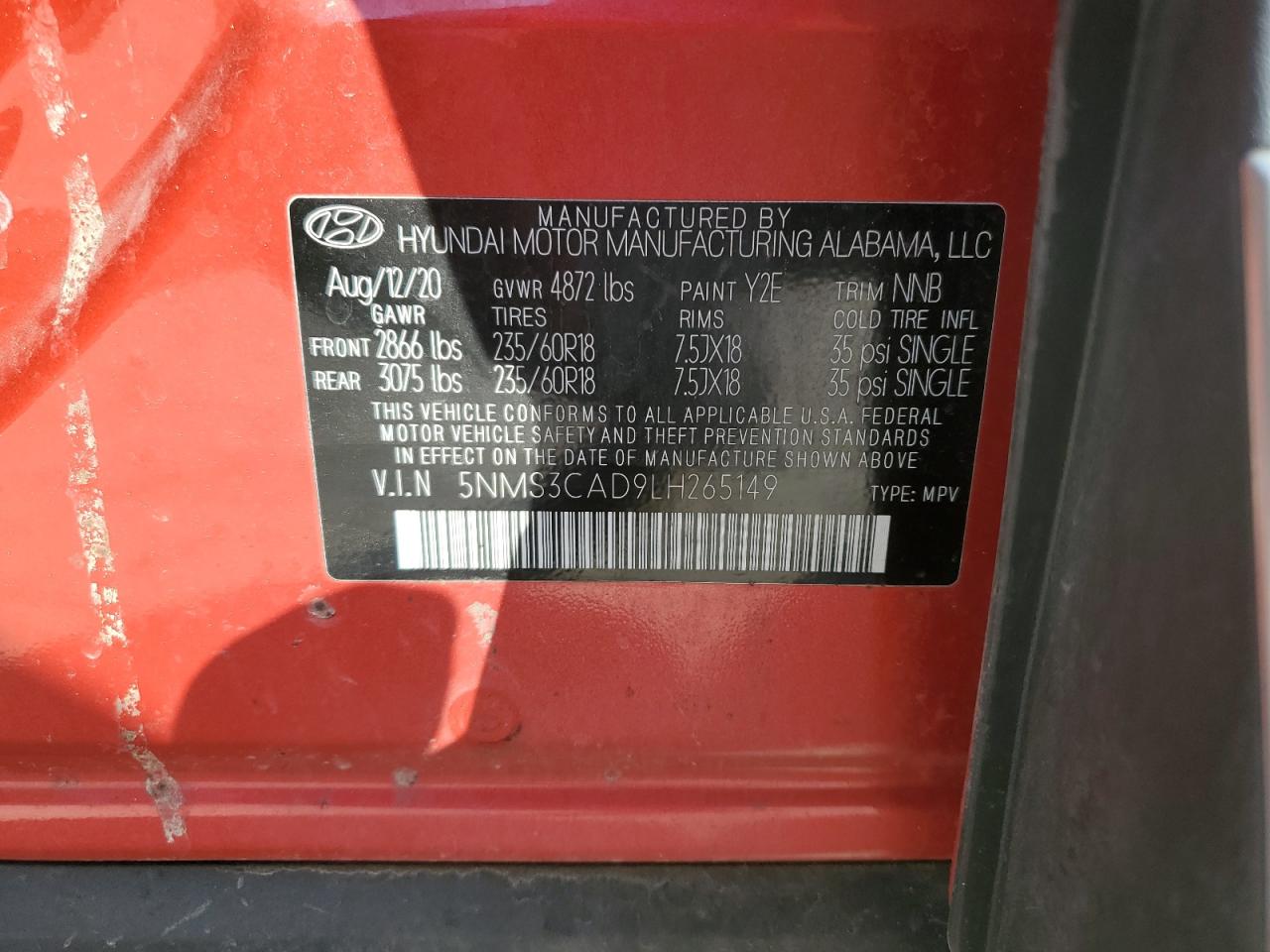 2020 Hyundai Santa Fe Sel VIN: 5NMS3CAD9LH265149 Lot: 63976155