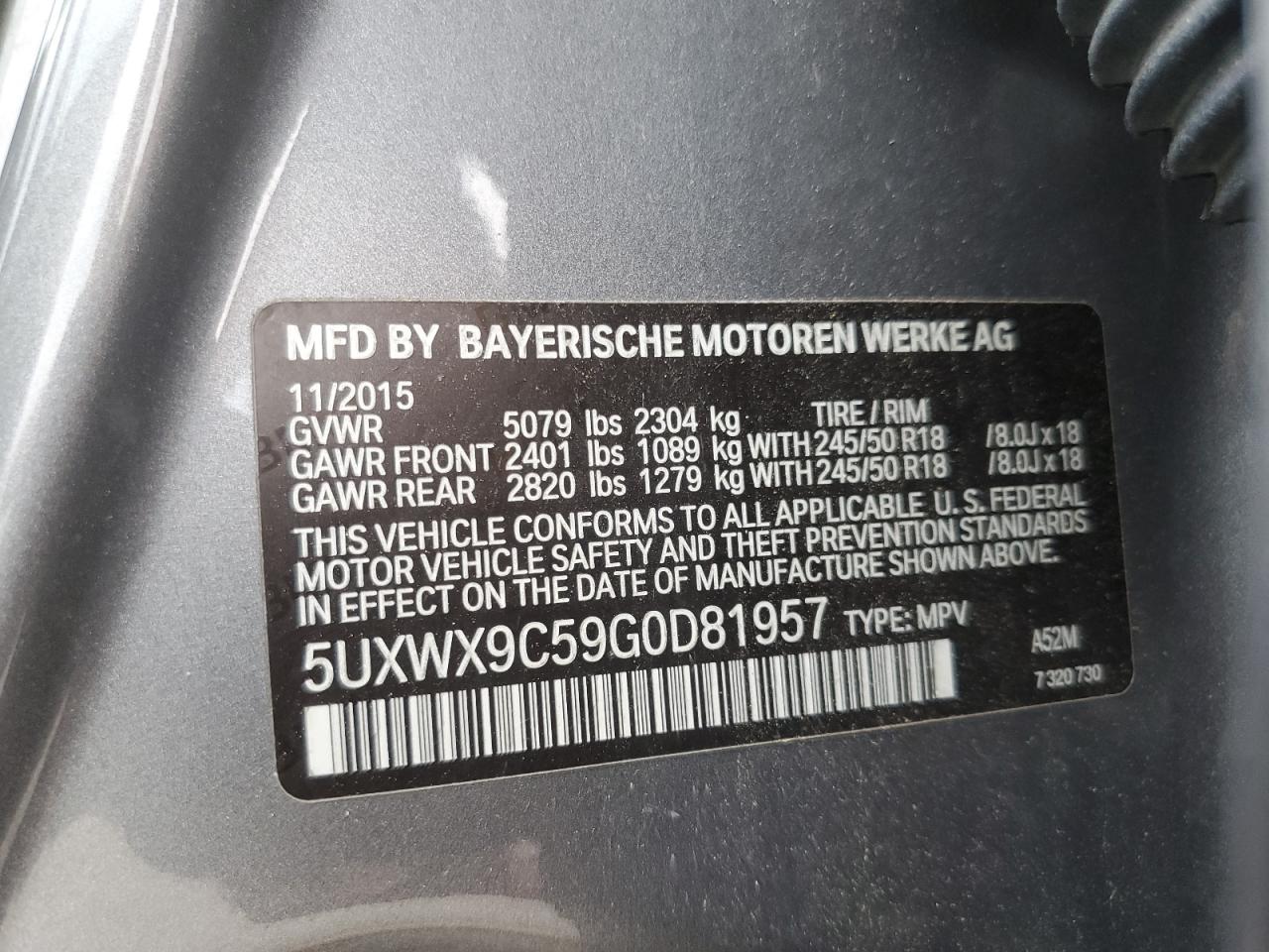2016 BMW X3 xDrive28I VIN: 5UXWX9C59G0D81957 Lot: 62931205