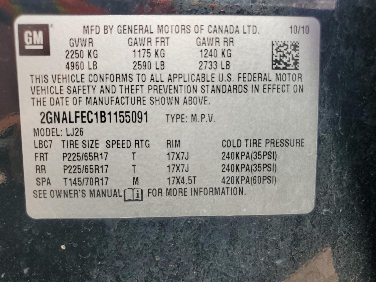 2011 Chevrolet Equinox Ltz VIN: 2GNALFEC1B1155091 Lot: 64832365