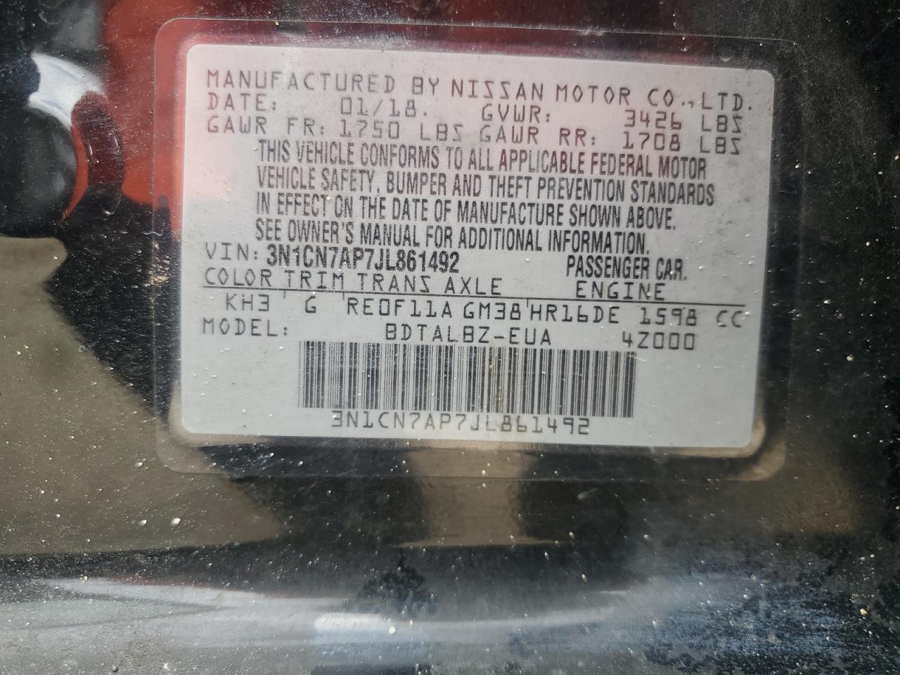 2018 Nissan Versa S VIN: 3N1CN7AP7JL861492 Lot: 64858085