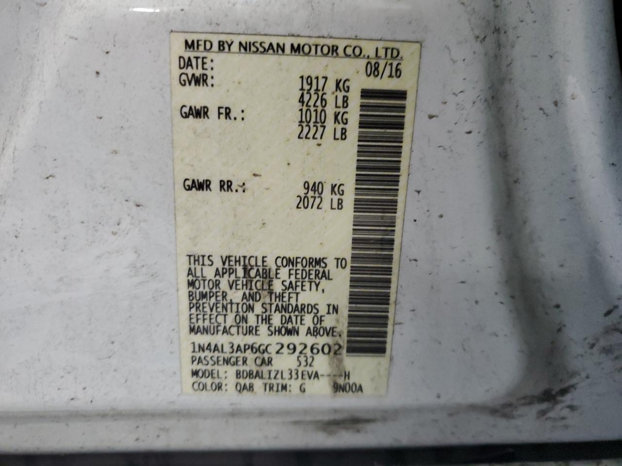 2016 Nissan Altima 2.5 VIN: 1N4AL3AP6GC292602 Lot: 62858055