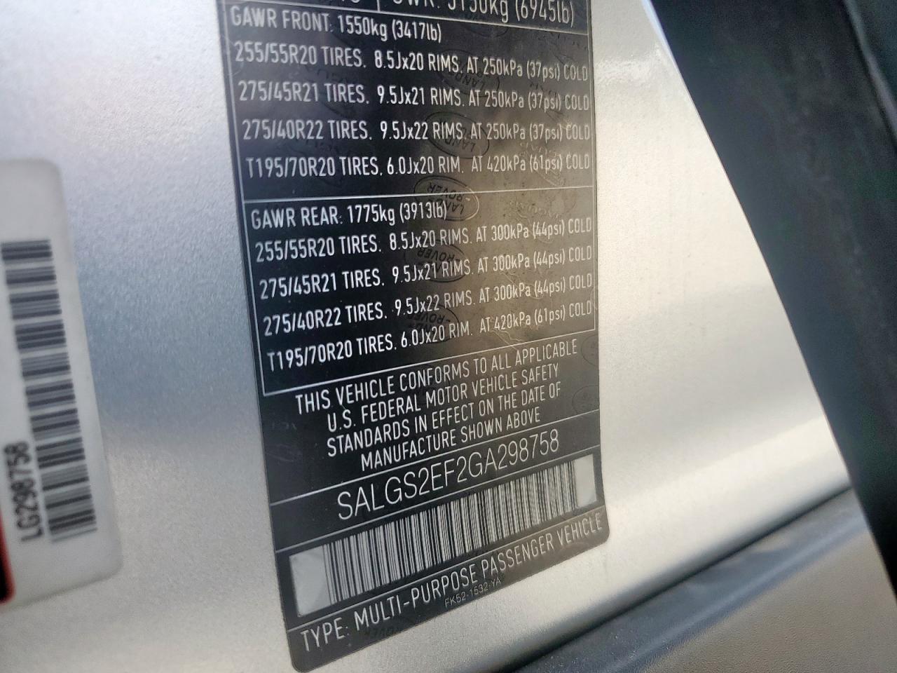 2016 Land Rover Range Rover Supercharged VIN: SALGS2EF2GA298758 Lot: 65186495