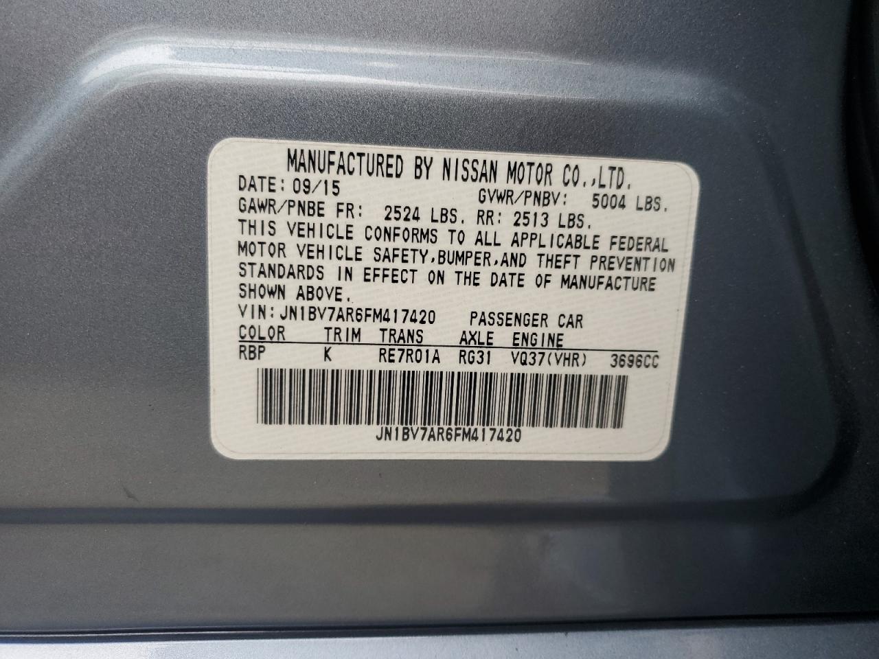 2015 Infiniti Q50 Base VIN: JN1BV7AR6FM417420 Lot: 63897395
