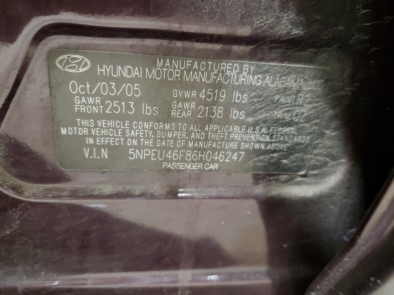 2006 Hyundai Sonata Gls VIN: 5NPEU46F86H046247 Lot: 65026005
