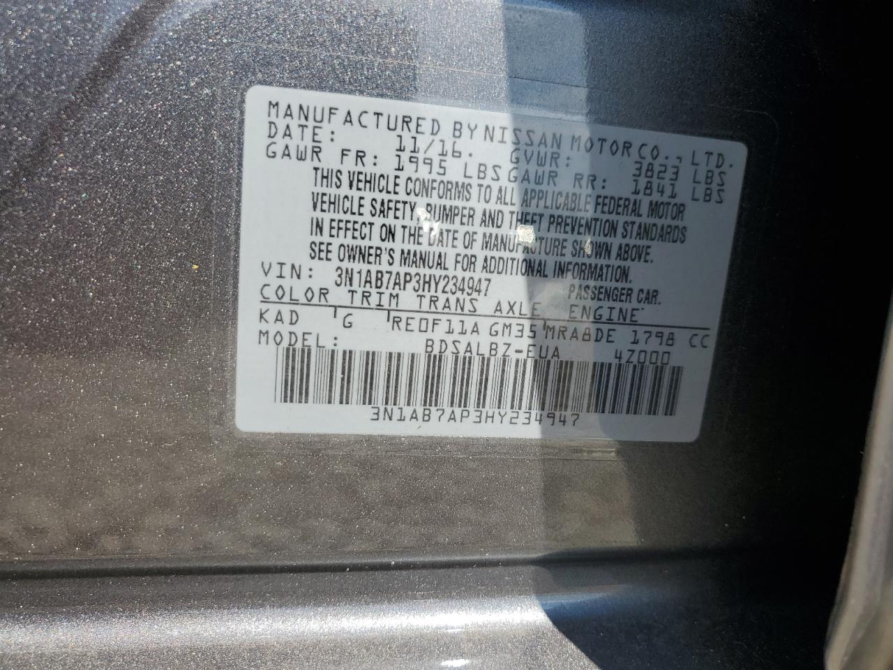 2017 Nissan Sentra S VIN: 3N1AB7AP3HY234947 Lot: 65006305