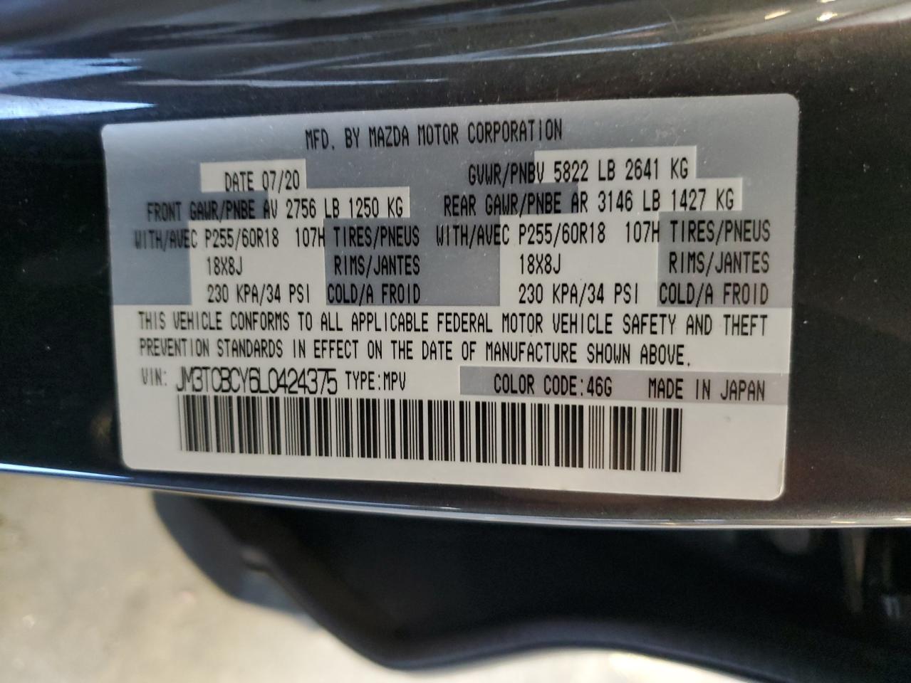 2020 Mazda Cx-9 Touring VIN: JM3TCBCY6L0424375 Lot: 63482165