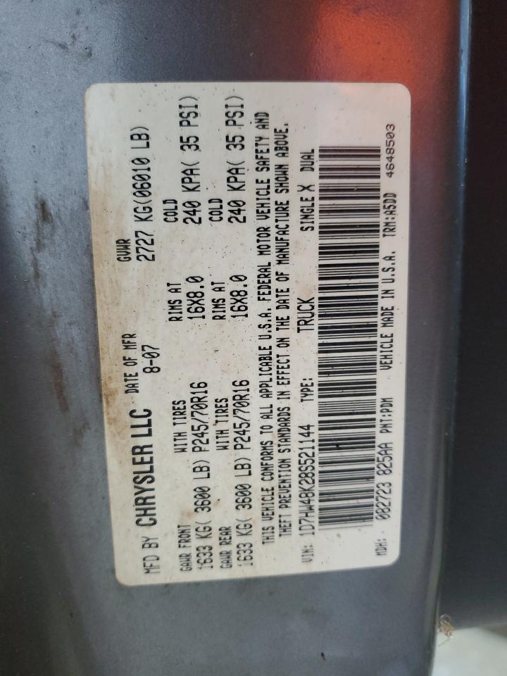 2008 Dodge Dakota Quad Slt VIN: 1D7HW48K28S521144 Lot: 63242735