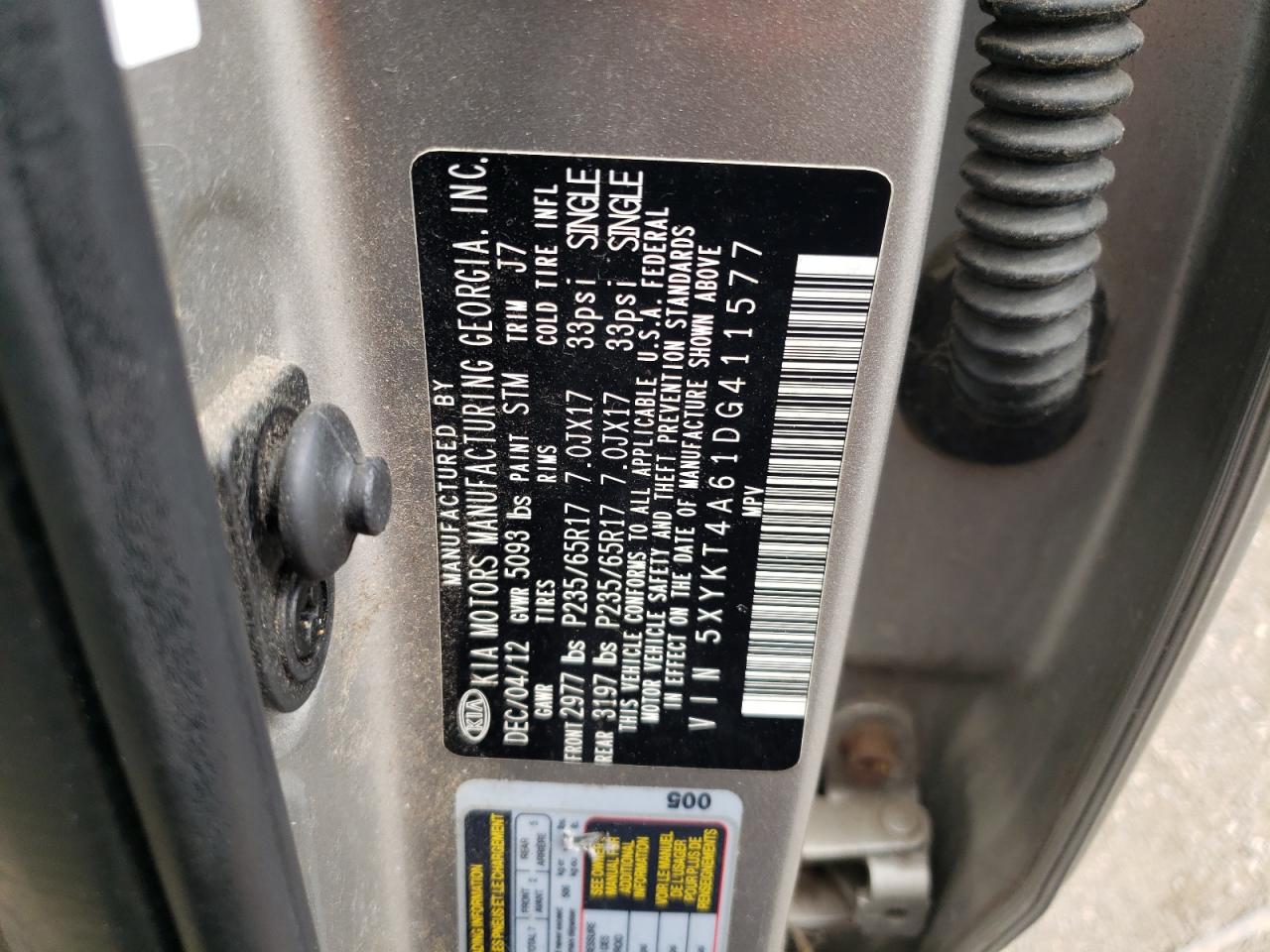2013 Kia Sorento Lx VIN: 5XYKT4A61DG411577 Lot: 65460565