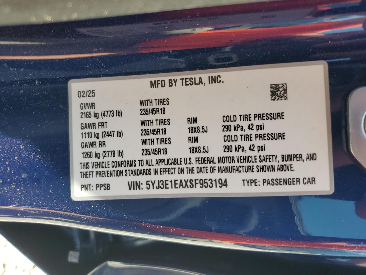2025 Tesla Model 3 VIN: 5YJ3E1EAXSF953194 Lot: 63301665