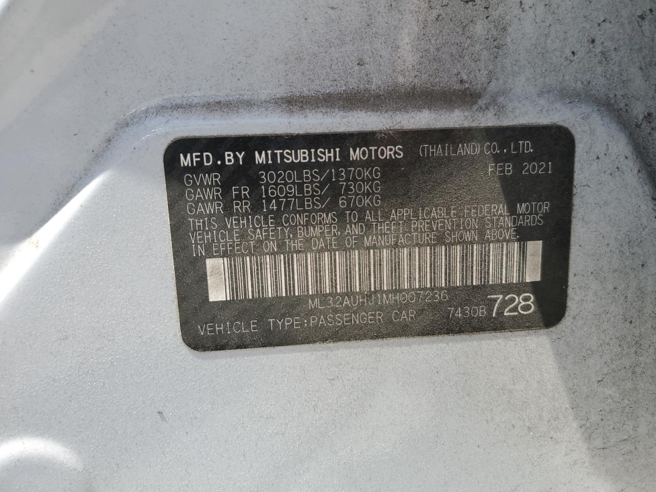 2021 Mitsubishi Mirage Es VIN: ML32AUHJ1MH007236 Lot: 63715785