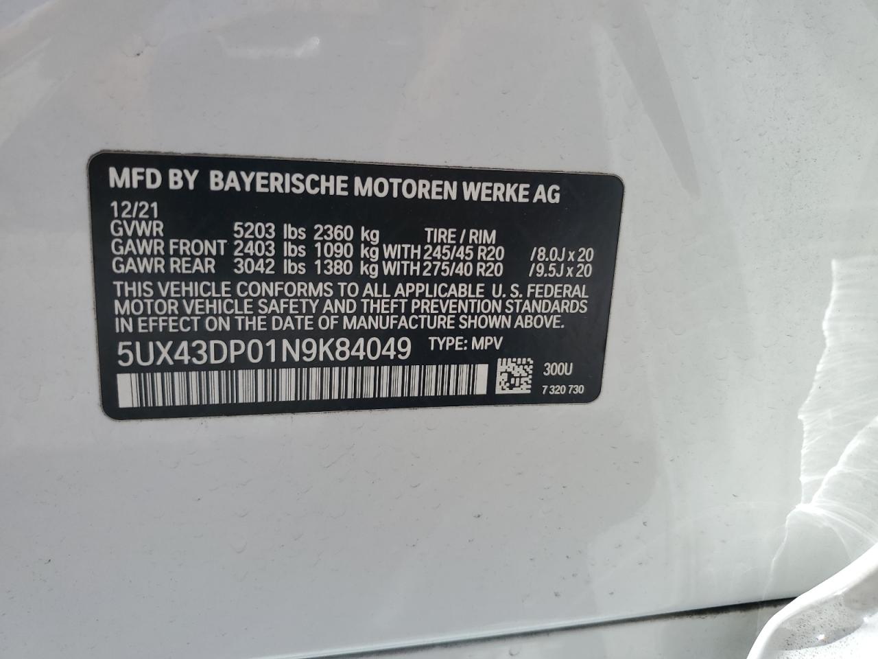 2022 BMW X3 Sdrive30I VIN: 5UX43DP01N9K84049 Lot: 63224105