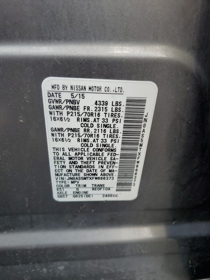 2015 Nissan Rogue Select S VIN: JN8AS5MTXFW666373 Lot: 65245095