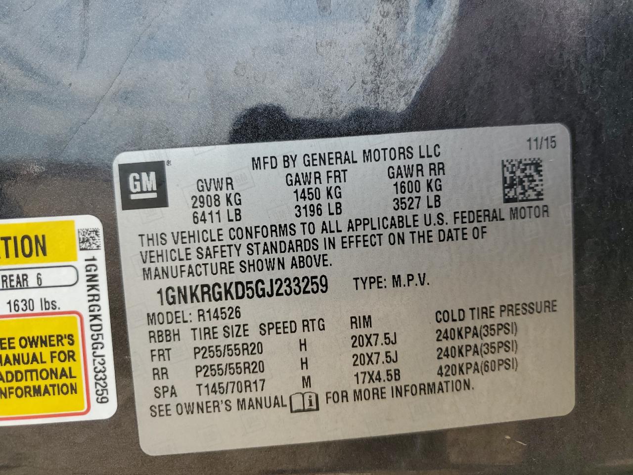 2016 Chevrolet Traverse Lt VIN: 1GNKRGKD5GJ233259 Lot: 64233355