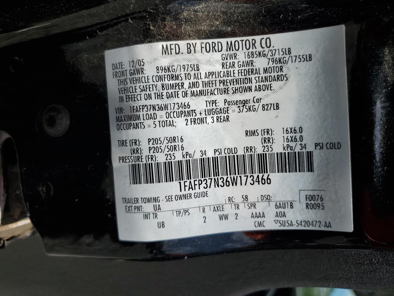 2006 Ford Focus Zx5 VIN: 1FAFP37N36W173466 Lot: 65229055