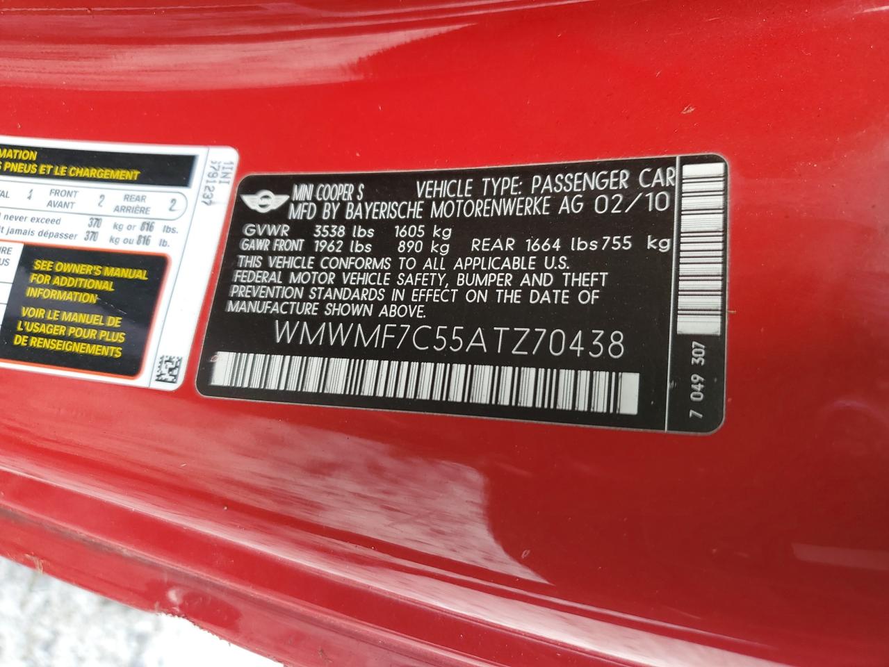 2010 Mini Cooper S VIN: WMWMF7C55ATZ70438 Lot: 66036565