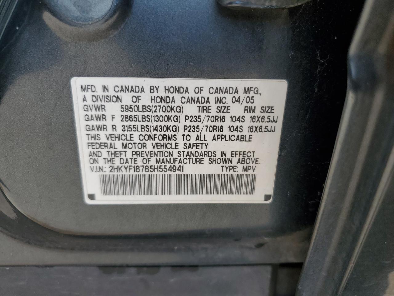 2005 Honda Pilot Exl VIN: 2HKYF18785H554941 Lot: 66958315