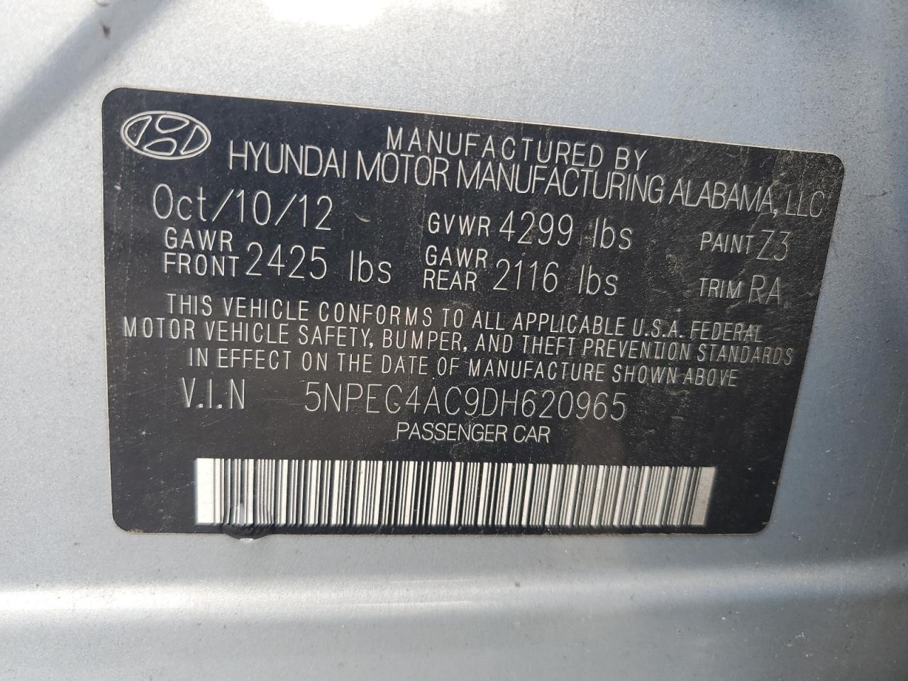 2013 Hyundai Sonata Se VIN: 5NPEC4AC9DH620965 Lot: 62924795