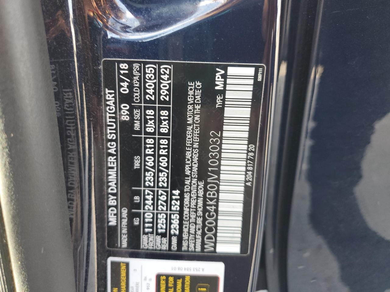 2018 Mercedes-Benz Glc 300 4Matic VIN: WDC0G4KB0JV103032 Lot: 65341285