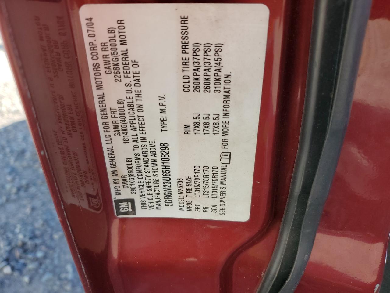 5grgn23u65h108298 5GRGN23U65H108298 2005 Hummer H2
