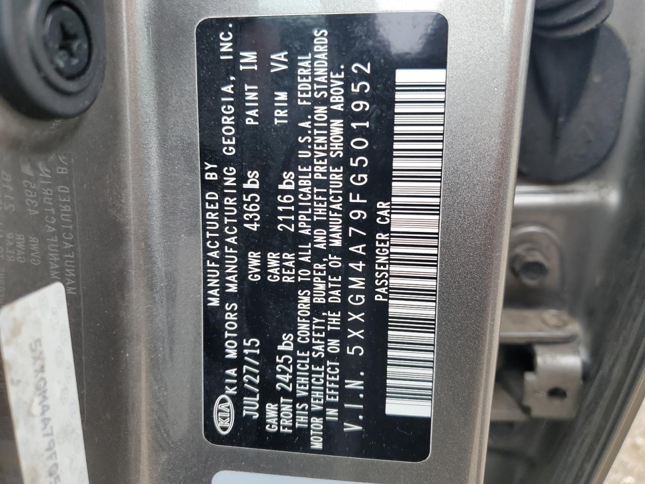 2015 Kia Optima Lx VIN: 5XXGM4A79FG501952 Lot: 63140185