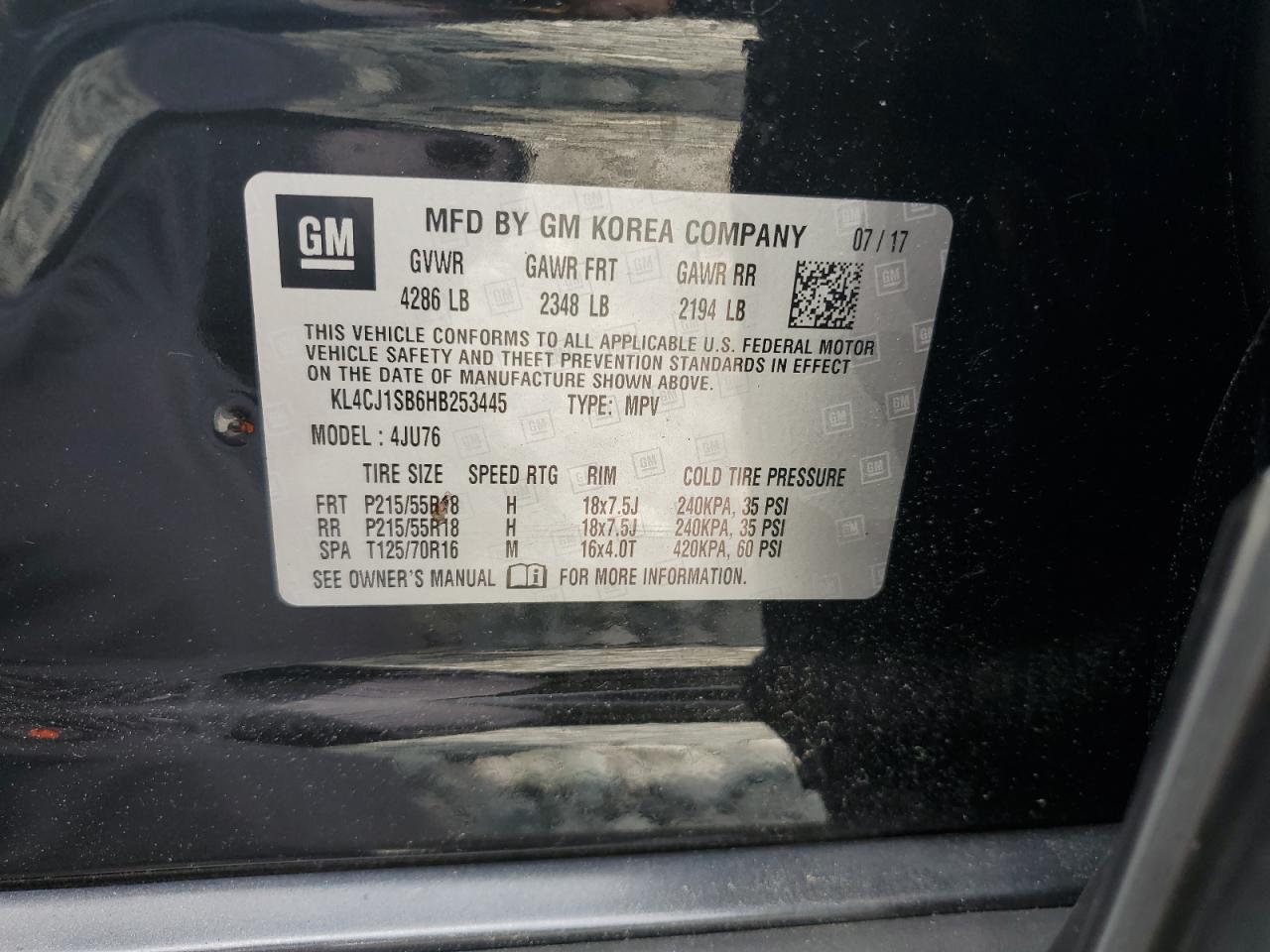 2017 Buick Encore Sport Touring VIN: KL4CJ1SB6HB253445 Lot: 64253885