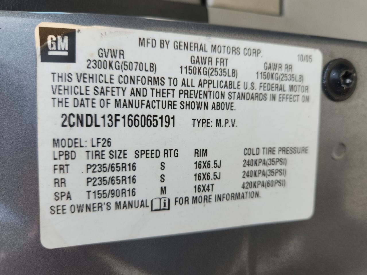 2006 Chevrolet Equinox Ls VIN: 2CNDL13F166065191 Lot: 63190275
