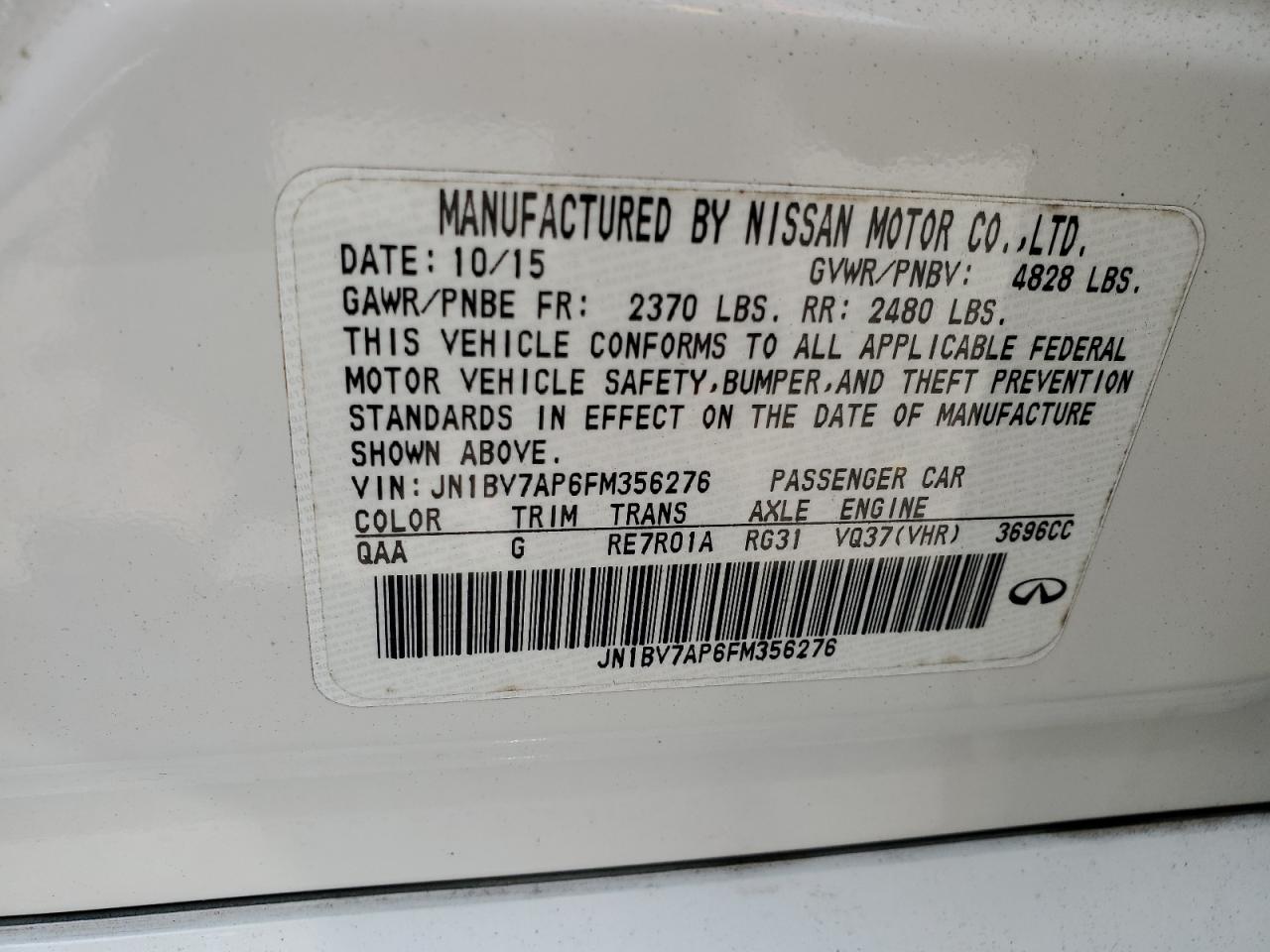 2015 Infiniti Q50 Base VIN: JN1BV7AP6FM356276 Lot: 64713955