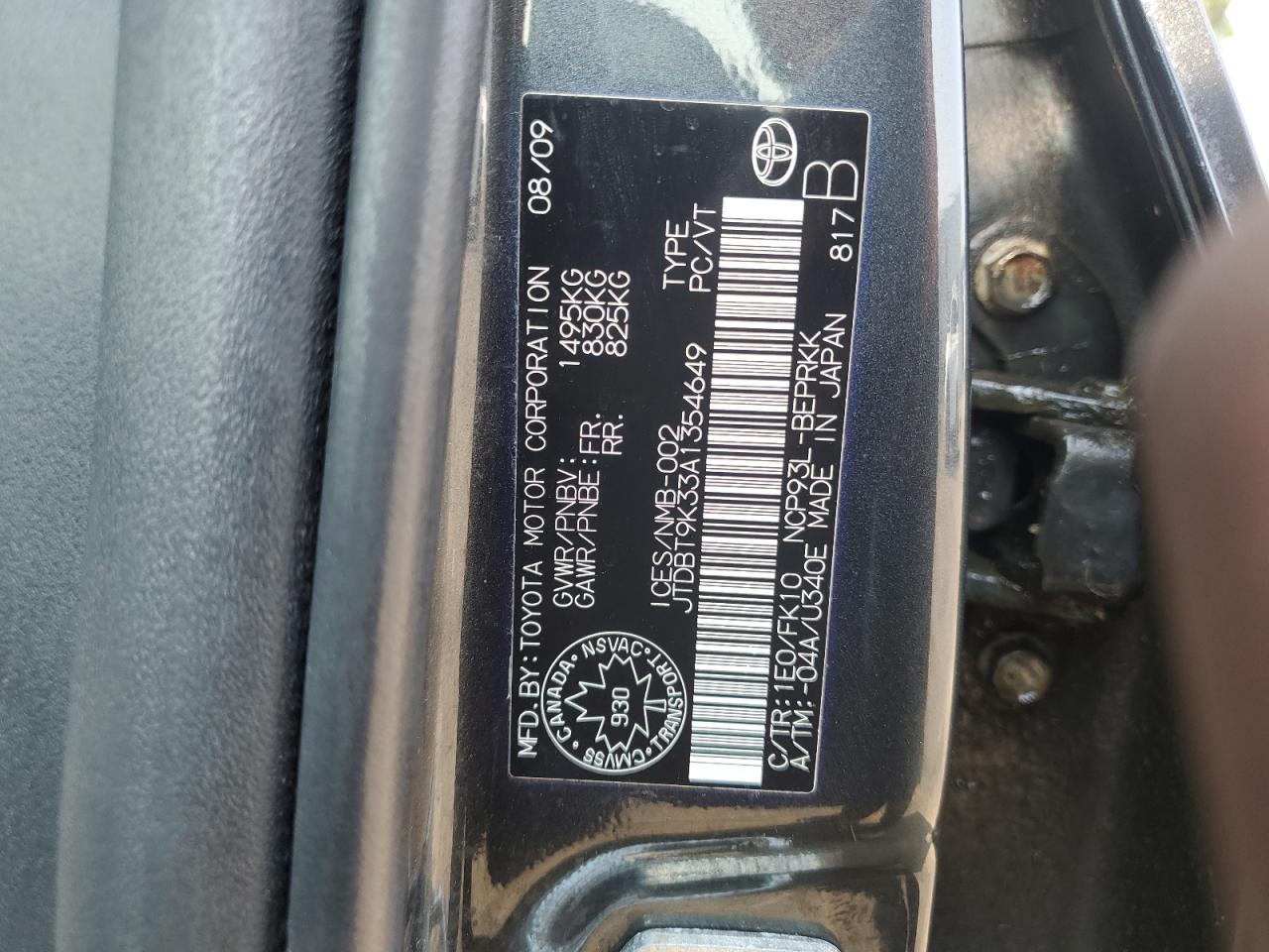 2010 Toyota Yaris VIN: JTDBT9K33A1354649 Lot: 64033085
