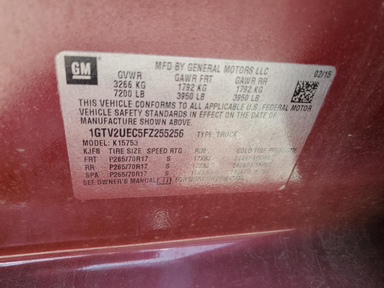 2015 GMC Sierra K1500 Sle VIN: 1GTV2UEC5FZ255256 Lot: 65165985