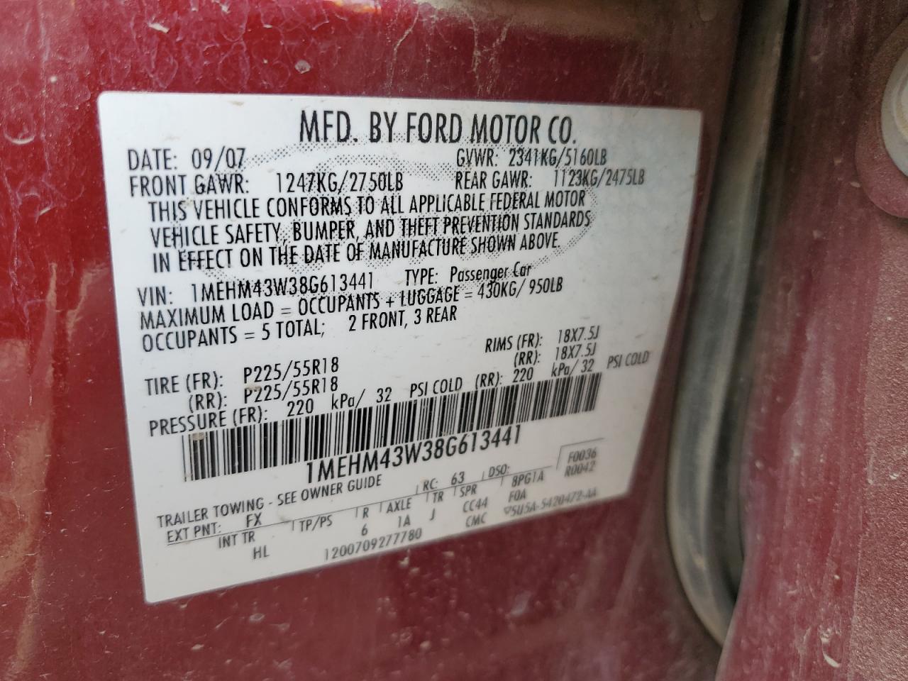 2008 Mercury Sable Premier VIN: 1MEHM43W38G613441 Lot: 63245995